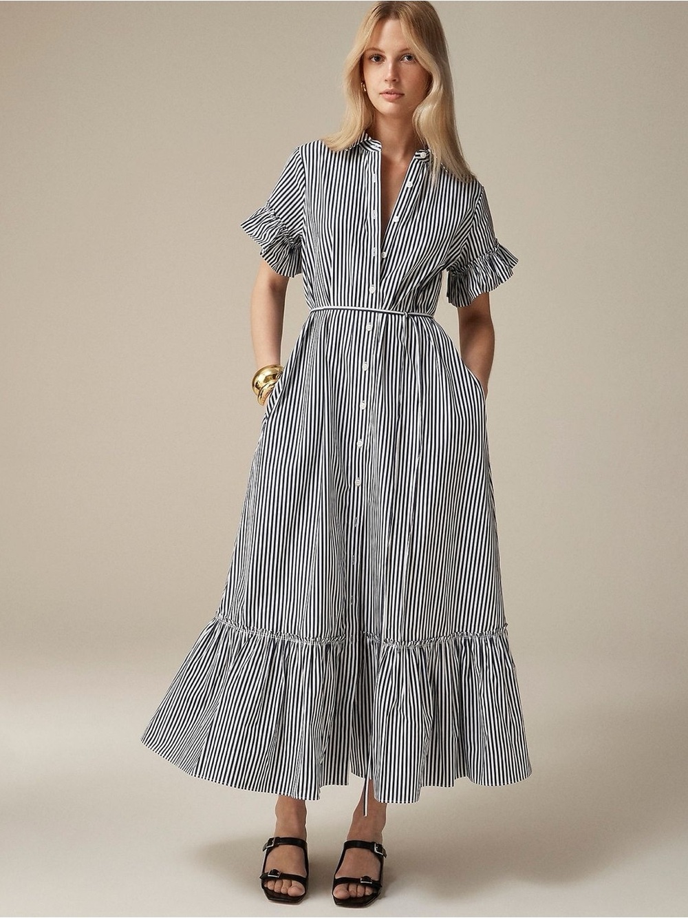 J. CREW Amelia Stripe Poplin Cotton Tiered Waist Tie Maxi Shirt Dress 2X